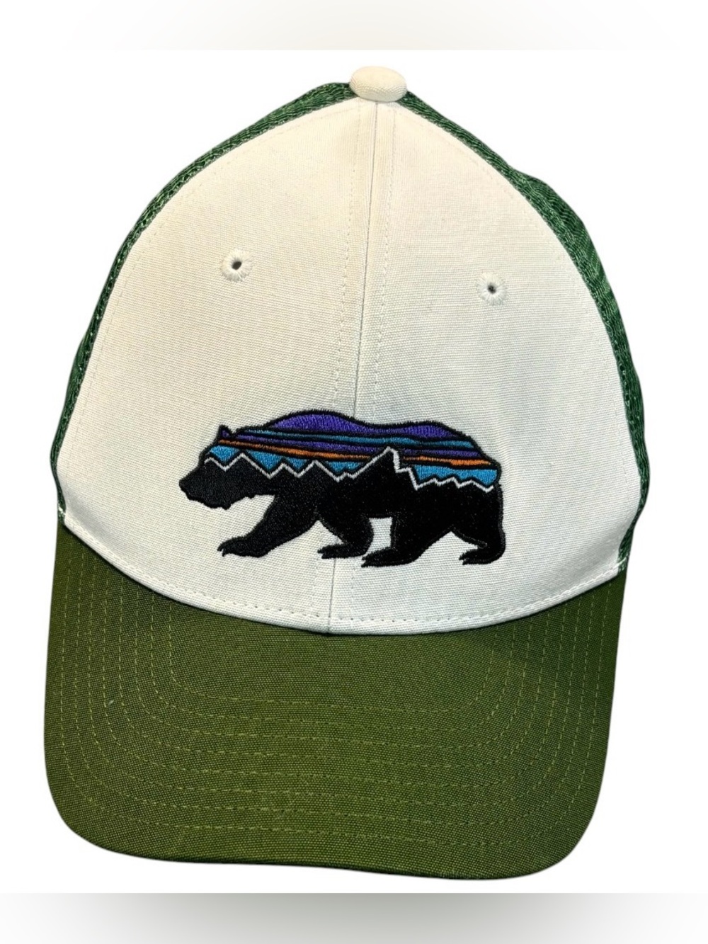 Patagonia Trucker Hat Fitz Roy Bear Logo Snapback Cap Green White Organic Cotton